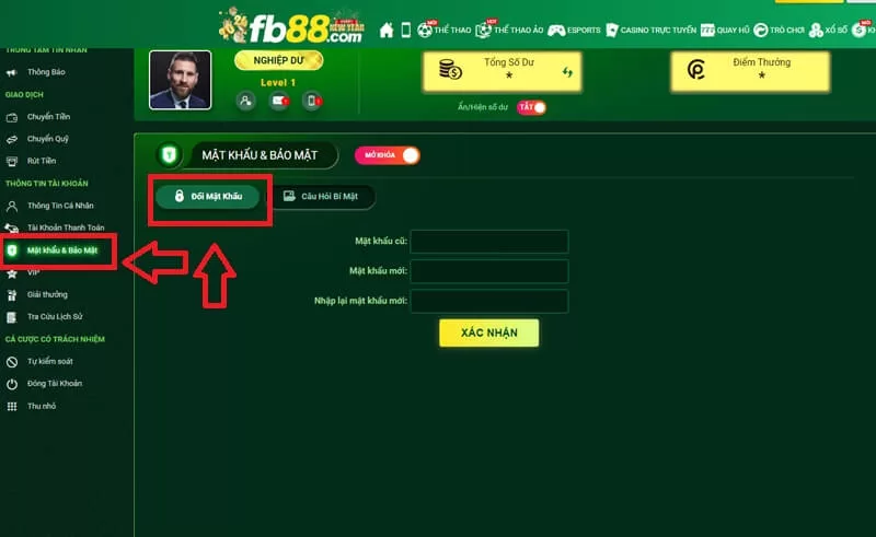 Hướng dẫn đổi mật khẩu đăng nhập FB88 