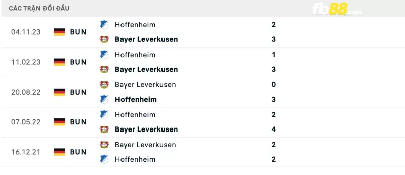 Lịch sử đối đầu của Bayer Leverkusen vs Hoffenheim